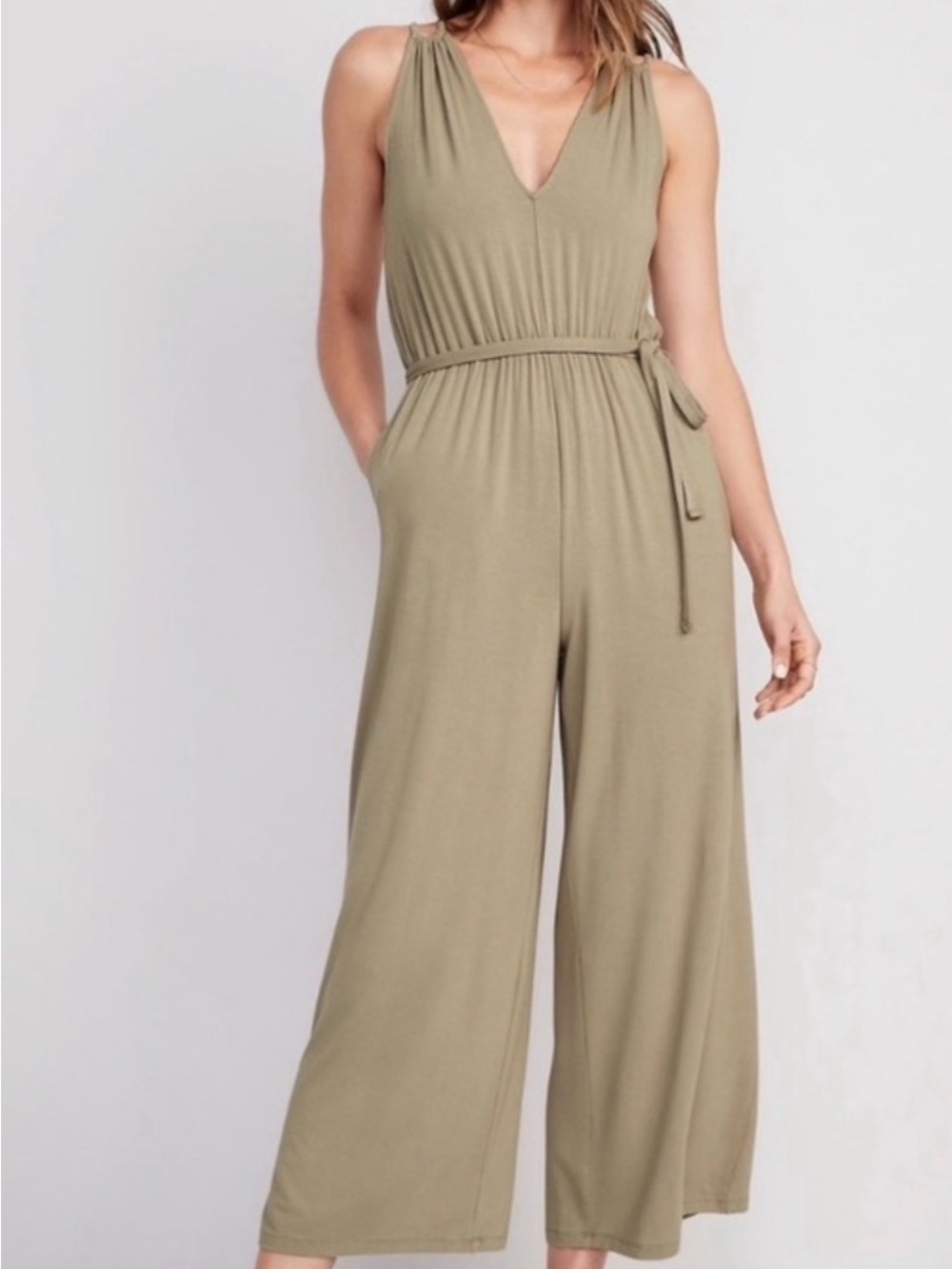 Old Navy Olive V-Neck Wide-Leg Jumpsuit with Tie Waist